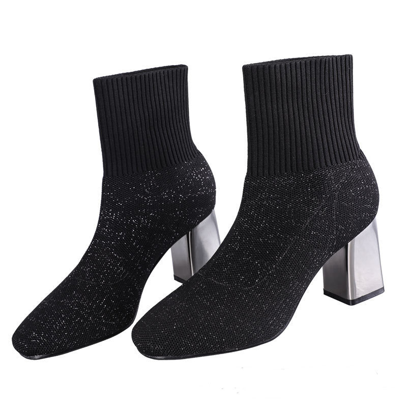 New Style Knitted Stretch Thin Boots Fashion Electroplated Thick Heel Ankle Boots