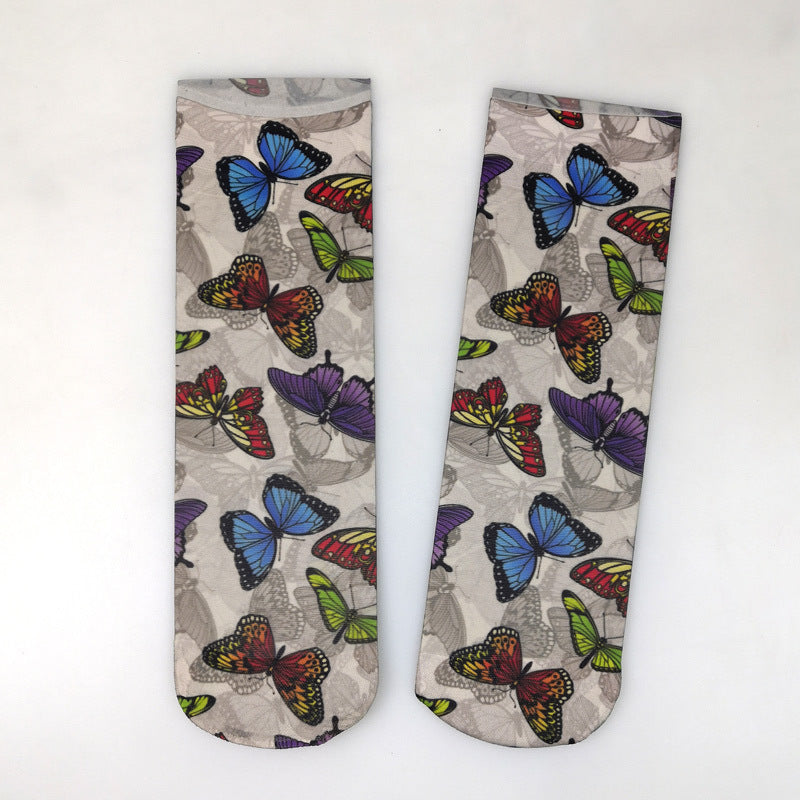 Autumn And Winter Medium Tube Stockings Elastic Retro Print Calf Socks Big Flower Pattern