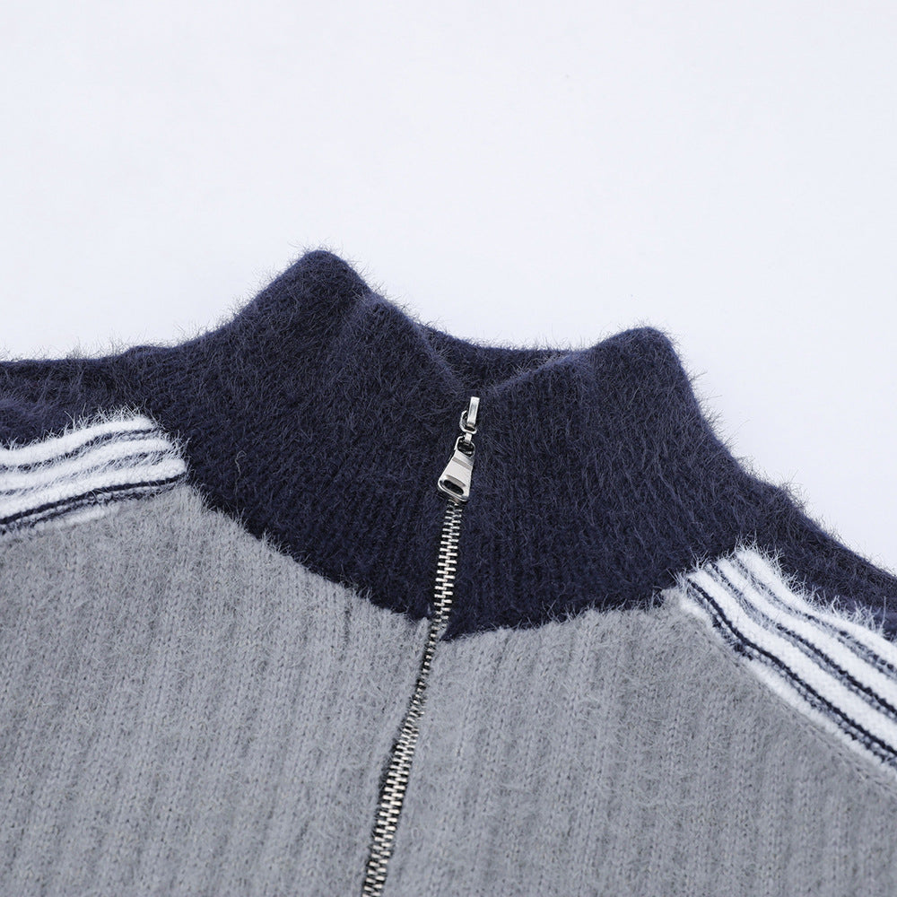 Color Matching Raglan Long Sleeve Stand Collar Sweater Coat