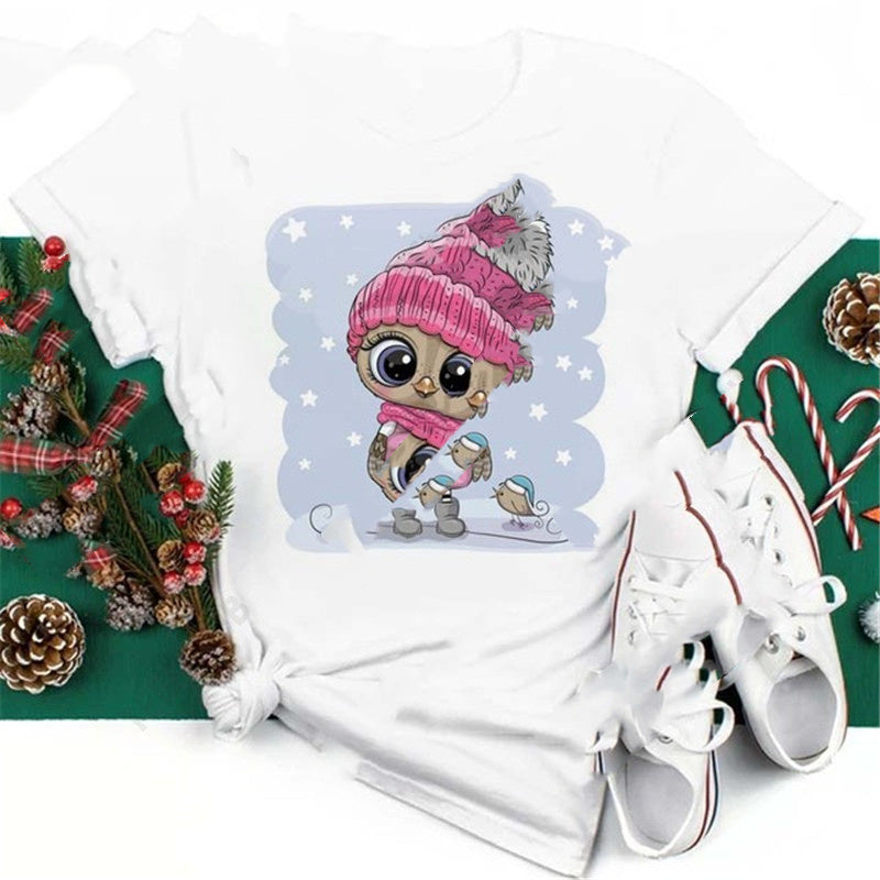 Christmas Penguin Owl Print Women's Black T-Shirt