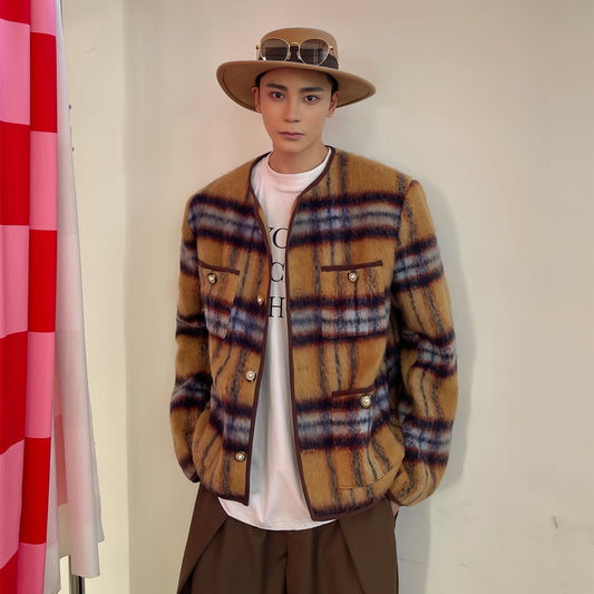 Mohair Plaid Vintage Long Woolen Collarless Jacket