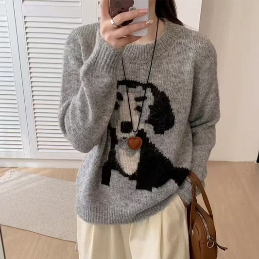 Round Neck Cartoon Pattern Gray Sweater For Women