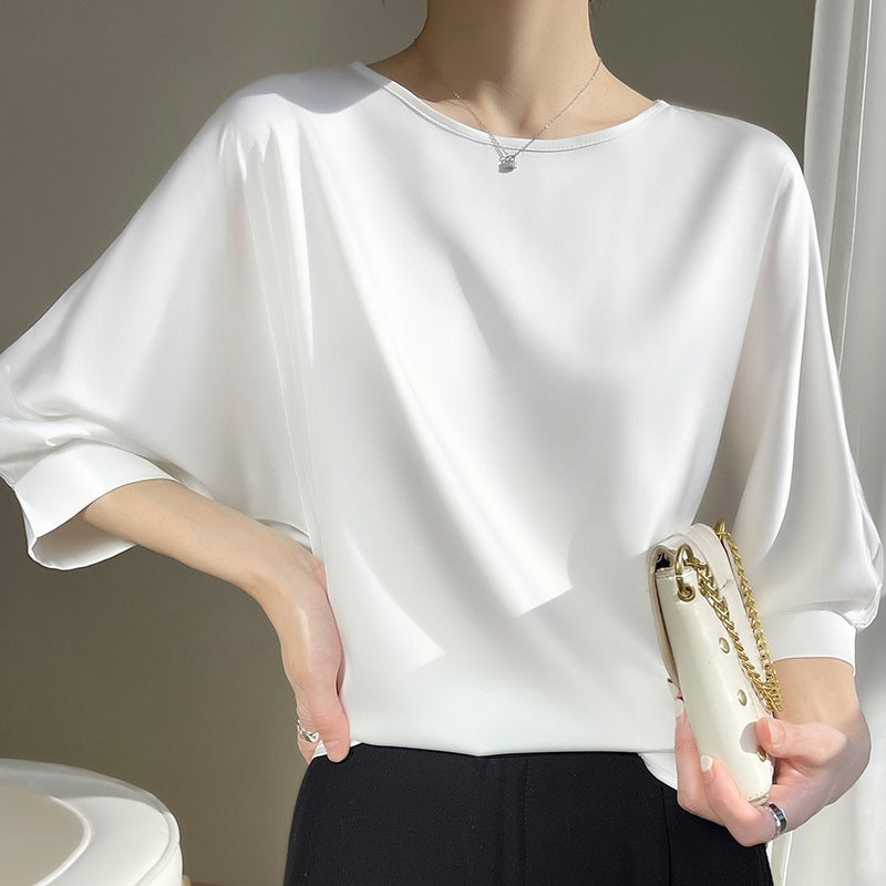 Dame Rund Hals Morbærsilke Løs Satin Kort Is-silke T-shirt Top