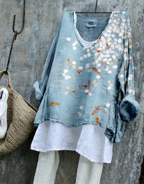 Sakura Art Linen Blend Cozy Flowy Long-sleeve Top