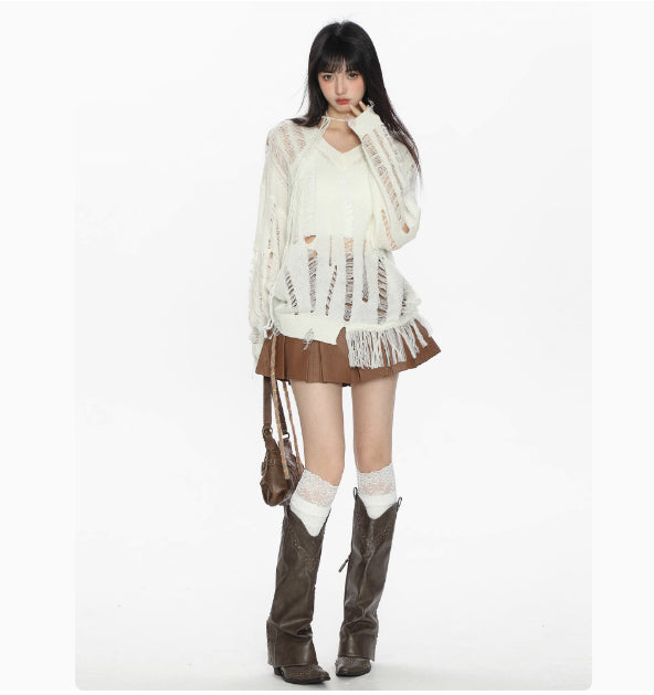 Micro Transparent V-neck Sweater Cutout Blouse Long Sleeve Women