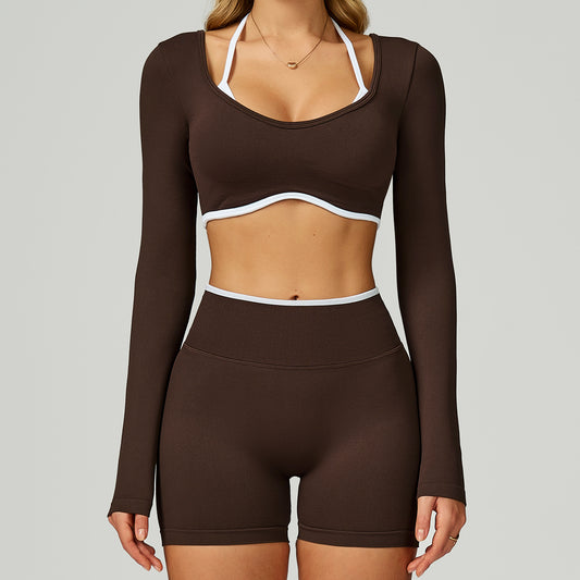 Seamless Color-blocking Yoga Set With Hollow Back And High-waist Fitness Wear