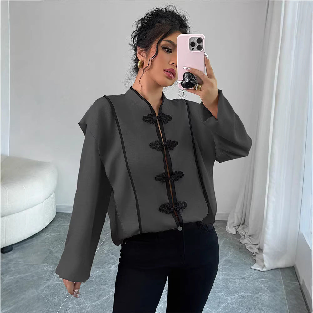 Womens Chinese-knot Ethnic-style Long-sleeve Blouse