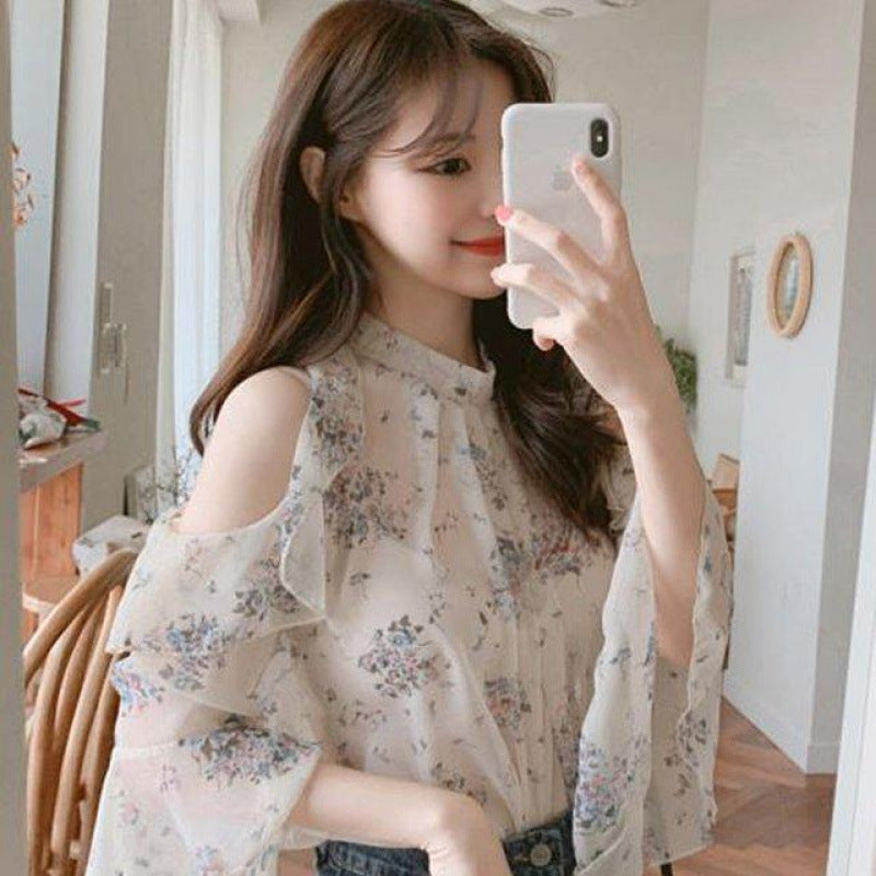Niche Off-the-shoulder Floral Chiffon Shirt Women's Early Spring Temperament Shirt Bell Sleeve Summer Thin Top