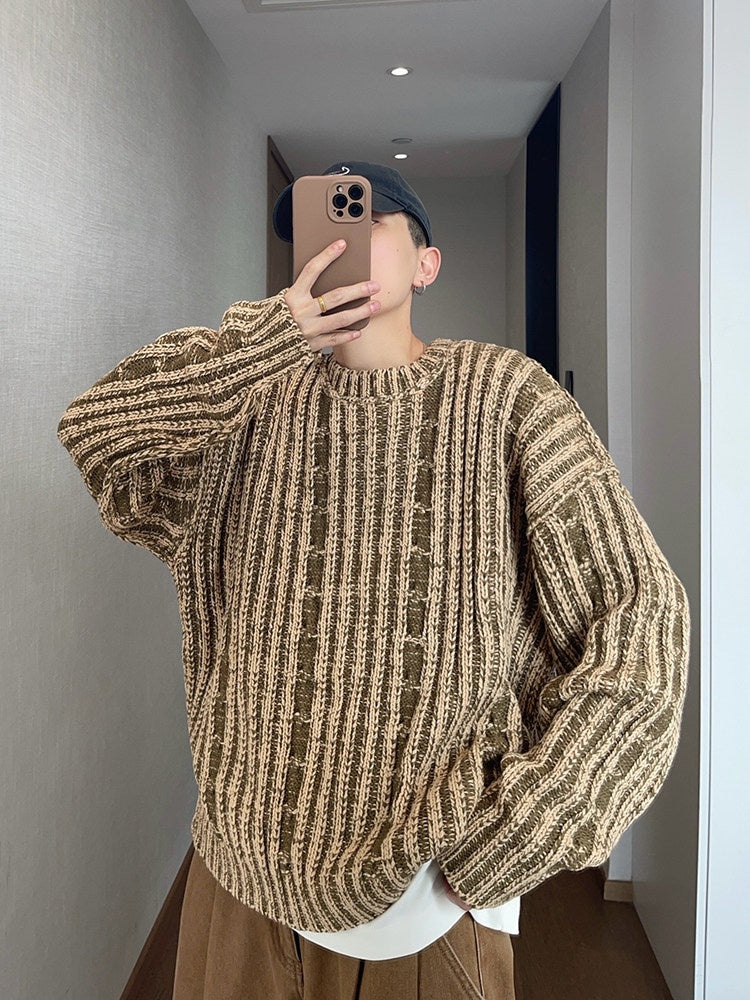 Mens AutumnWinter Retro All-Match Loose Khaki Green Cabled Double-Face Crew-Neck Distressed Thick Sweater