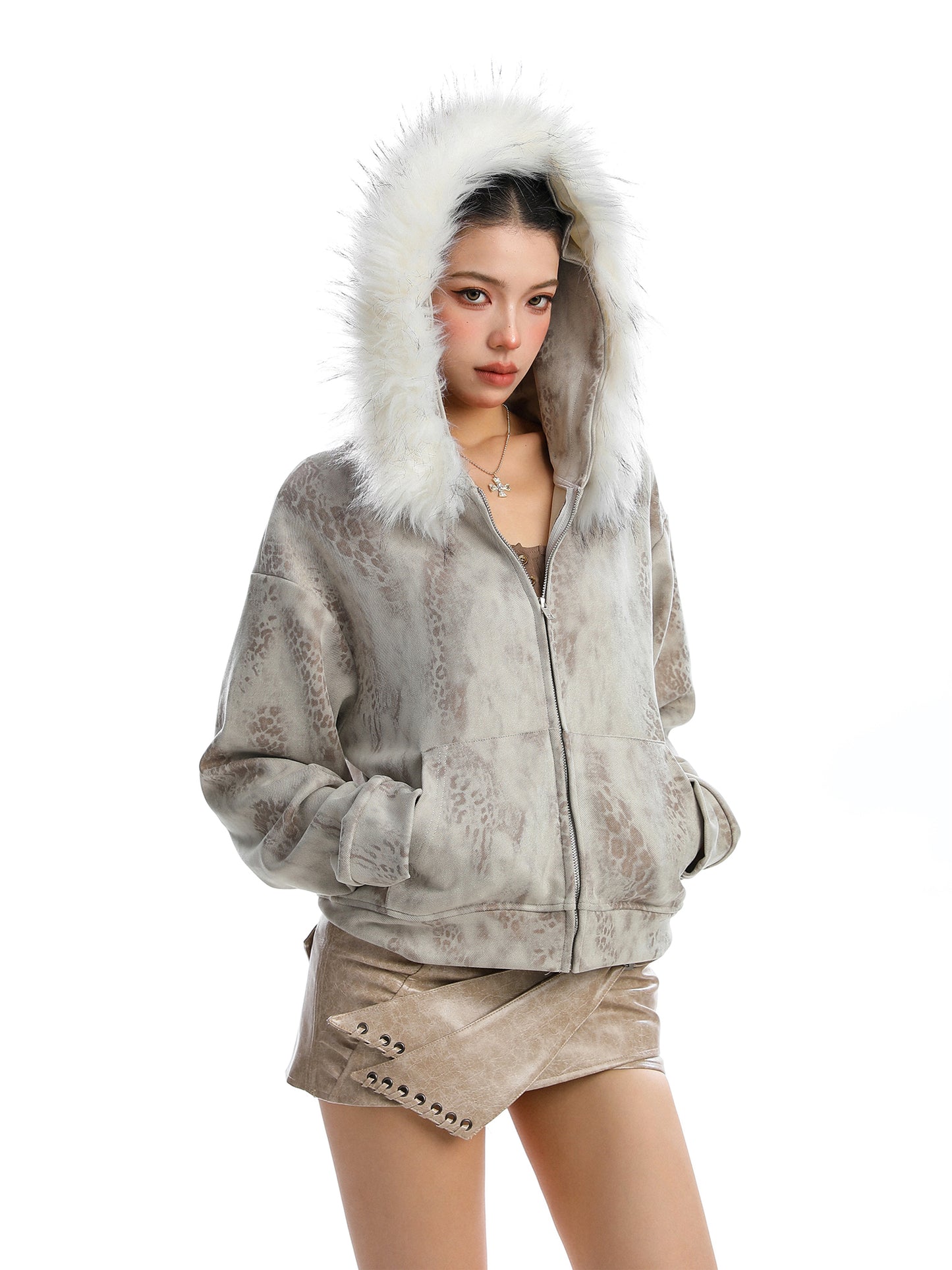 Detachable Fur Collar Leopard Print Hooded Sweater Women's Short Cardigan Jacket