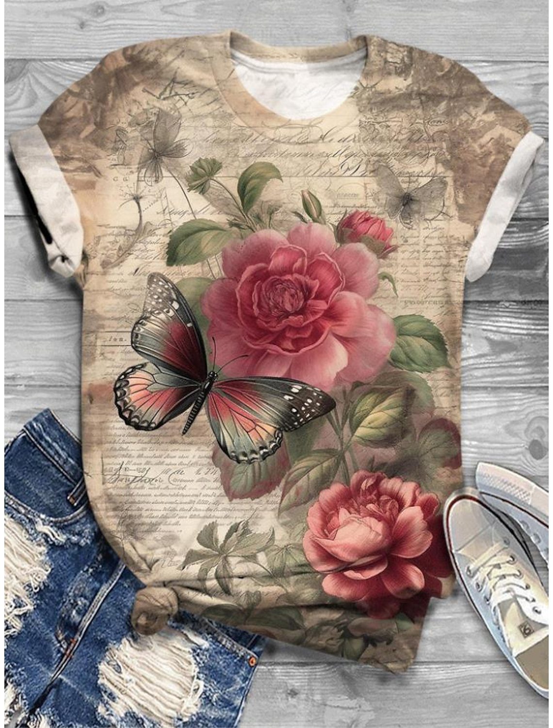 Women's T-shirt White Pink Blue Printed Short Sleeve