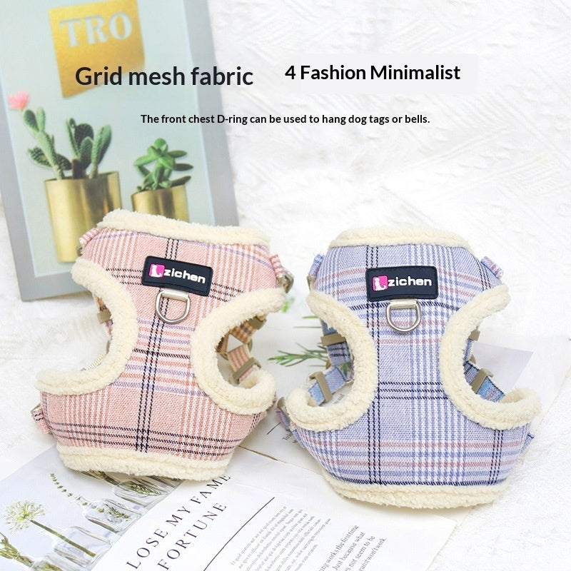 Dog Leash Vest With Plaid And Fleece Lining