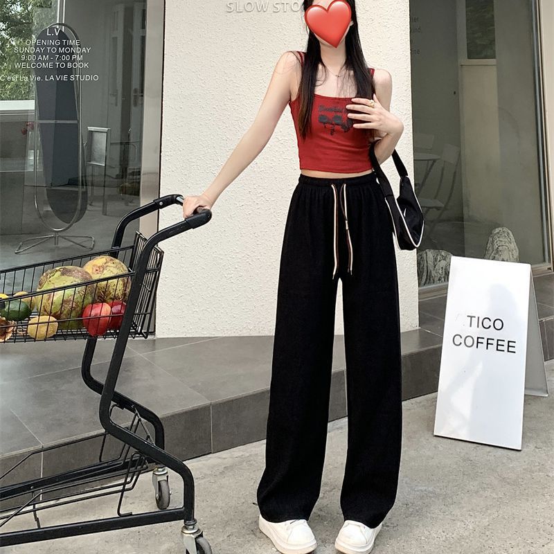 Corduroy Double Drawstring Wide Leg Pants High Waist Casual Straight Pants