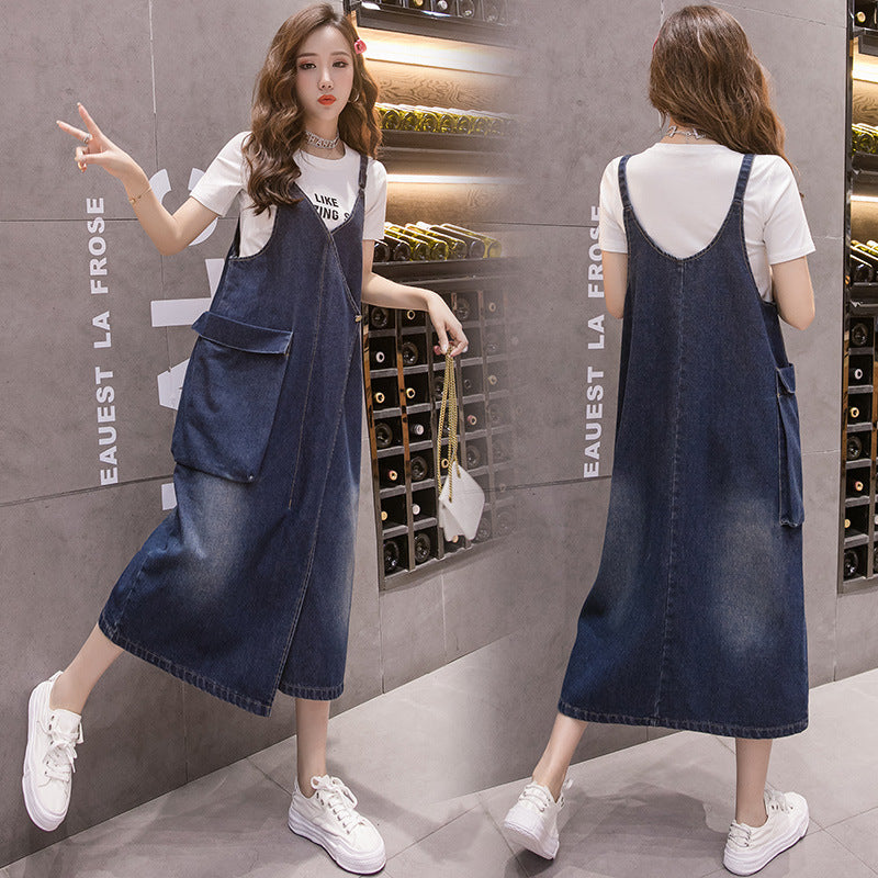 Korean Style Loose Casual Denim Suspender Skirt Mid-length