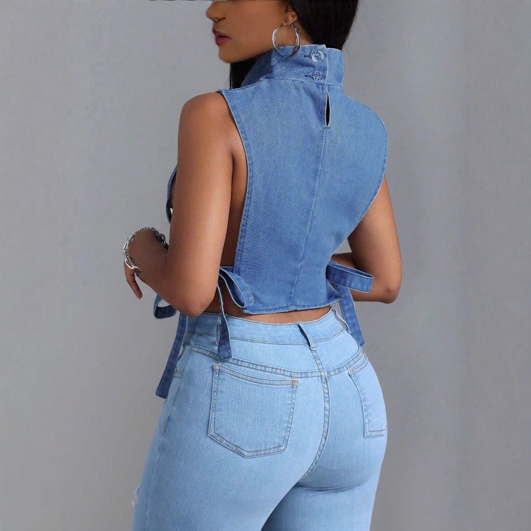 Womens Sexy Lace-Up Denim Top