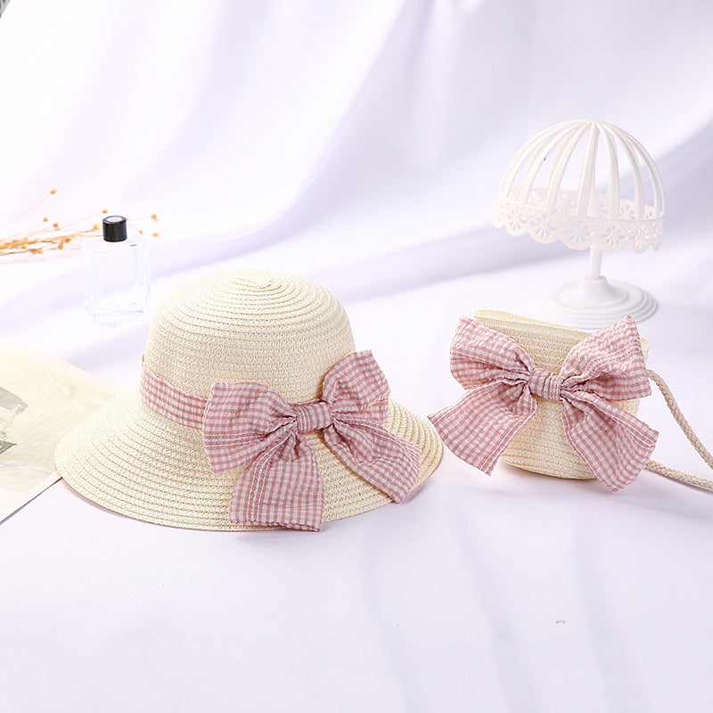 New Girls Big Bow Sun-proof Straw Hat Bag Set