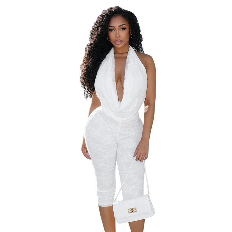 Summer Women's Lace Backless Tight One-piece Cropped Trousers