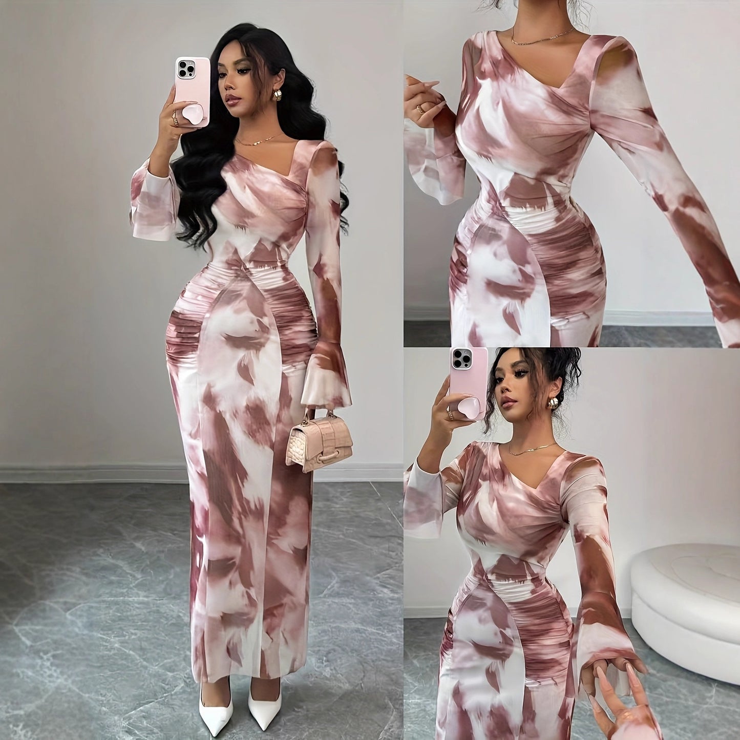 Elegant Tie-dye Printed Mesh-design Dress