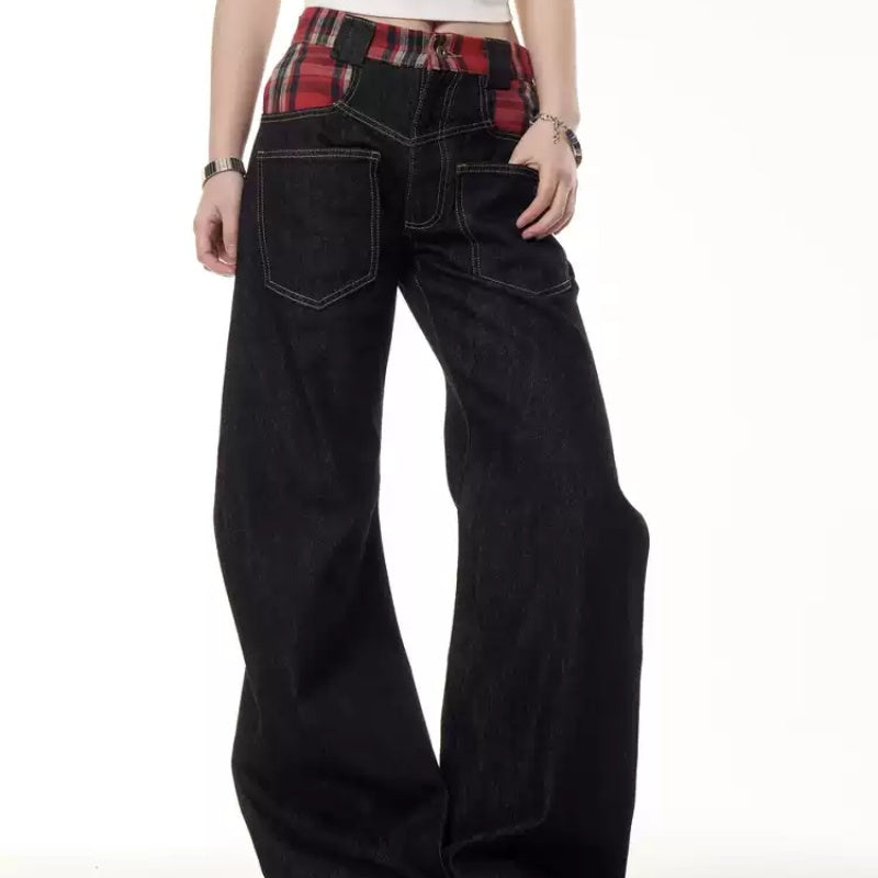Retro Plaid Stitching Reverse Pocket Design Jeans
