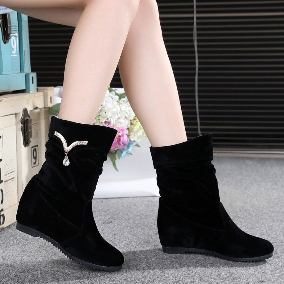 Women's Nubuck Wedge Long Suede Inner Booster Flat Tall Boots