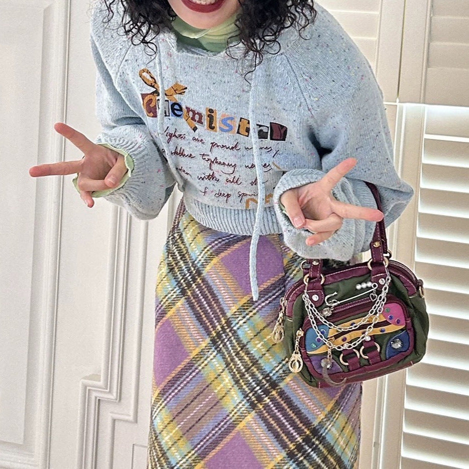 Retro Hooded Short Raglan Sleeve Coat Age-reducing Hand-painted Printed Sweater