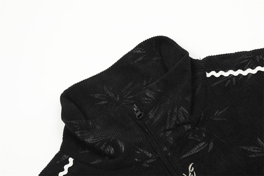 Full Printed Bamboo Leaf Printing Loose Stand Collar Coat