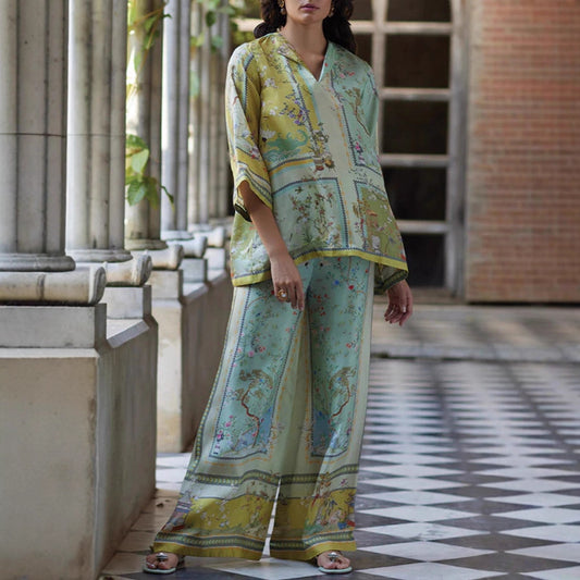 Printed Mid-sleeve Pants Straight Through Fashion Casual Two-piece Set