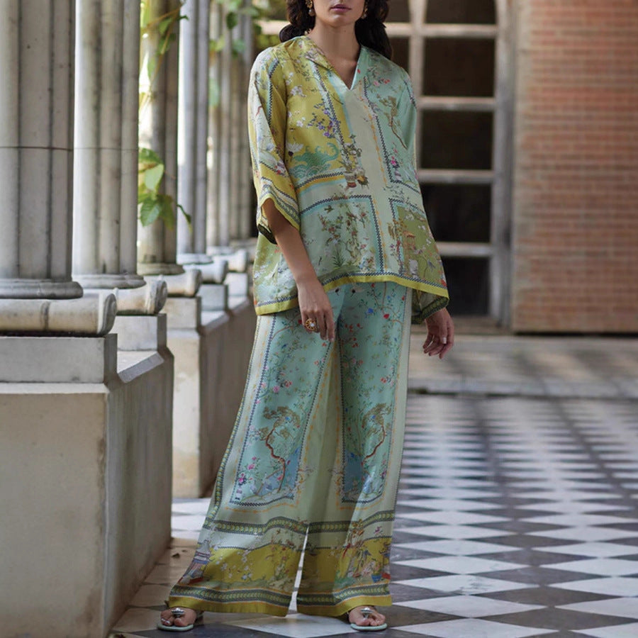 Printed Mid-sleeve Pants Straight Through Fashion Casual Two-piece Set