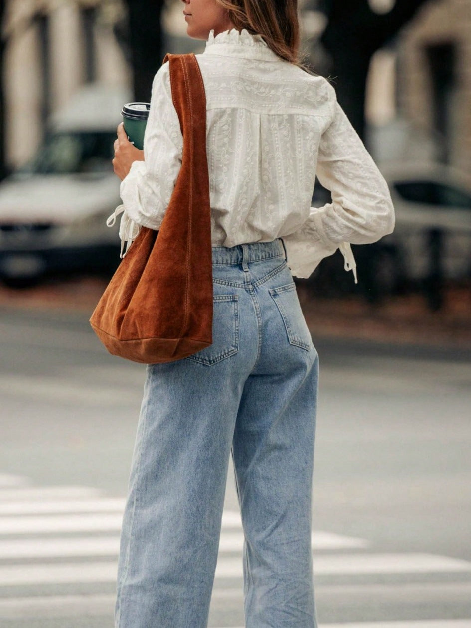French Stand Collar Ruffle Bell Sleeve Embroidered Jacquard Shirt