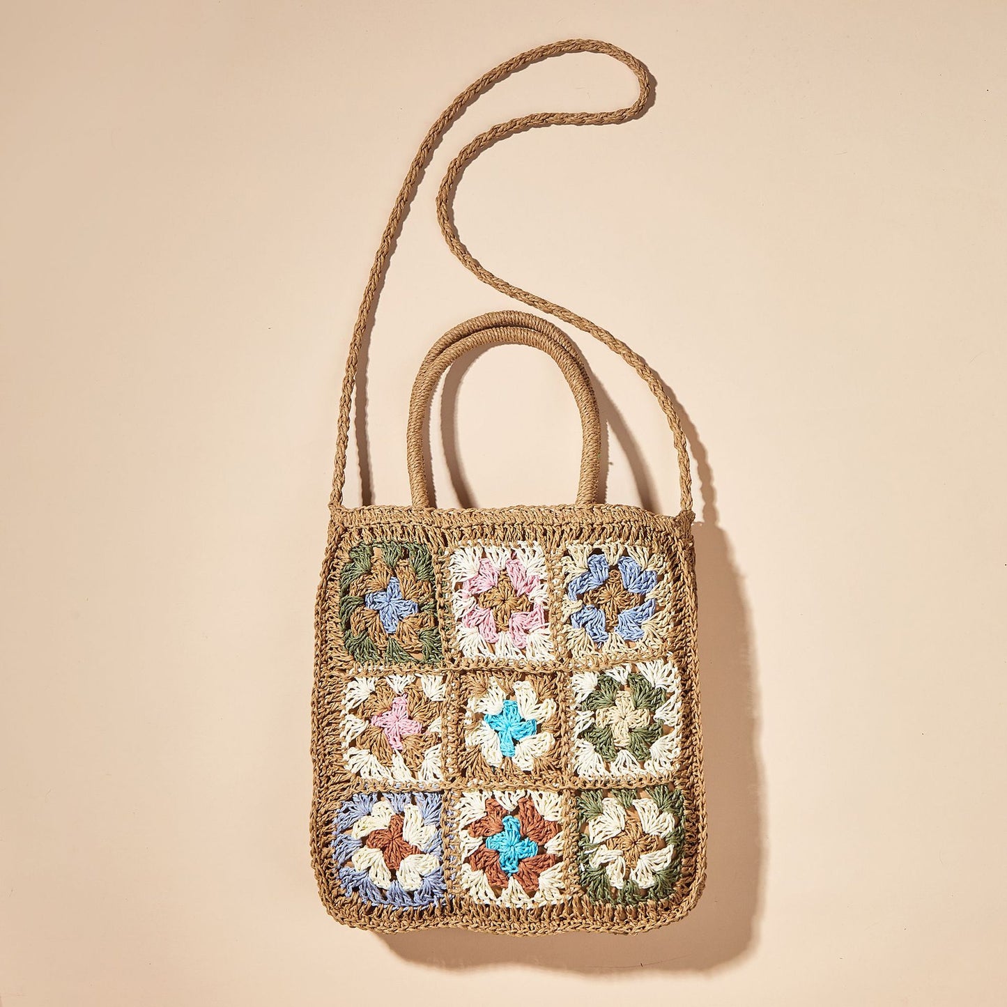 Splicing Braided Straw One Shoulder Portable Checkered Bag