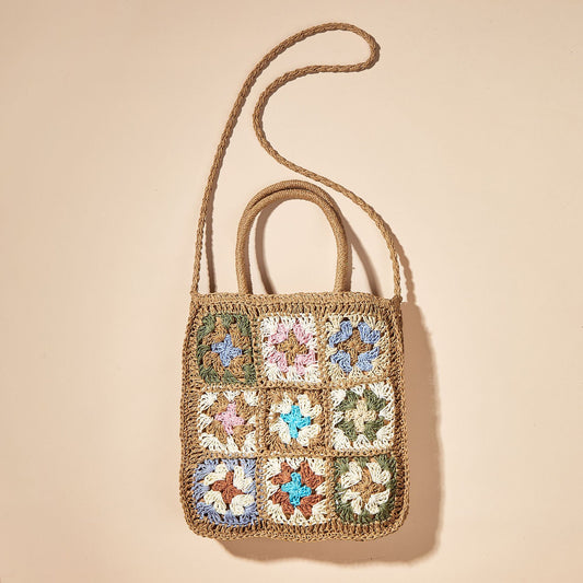 Splicing Braided Straw One Shoulder Portable Checkered Bag