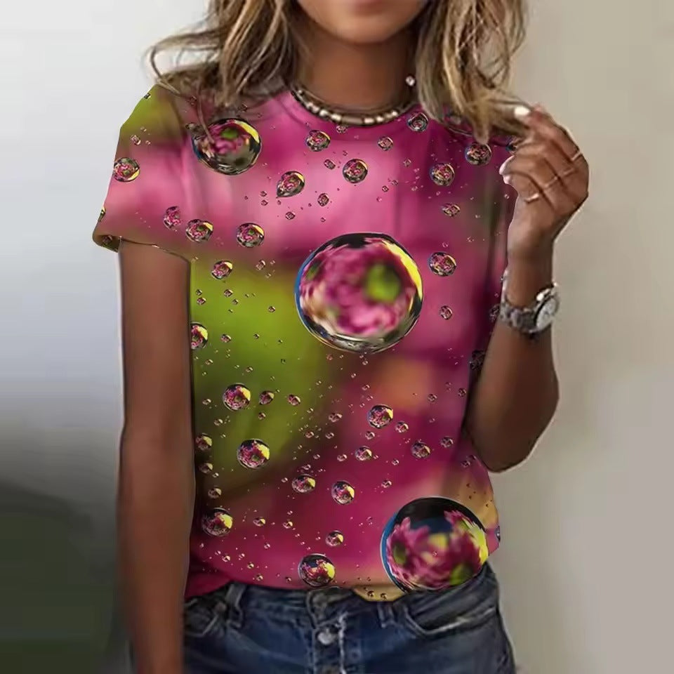 Women's Casual Short-sleeved Round Neck Colorful Water Drop 3D Printed T-shirt