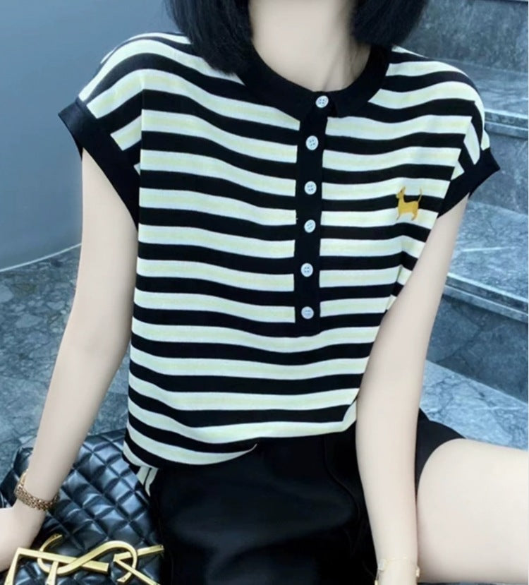 Half-button Small Lapel Ice Silk Knitted Embroidered Striped Vest Top