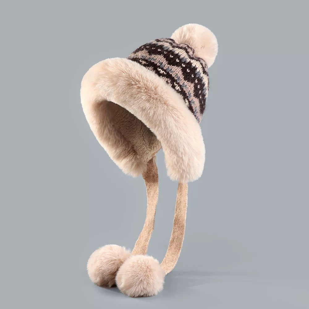 Retro Ethnic Style Plush Knitted Hat Women's Autumn And Winter Cold Protection Earflaps Woolen Cap