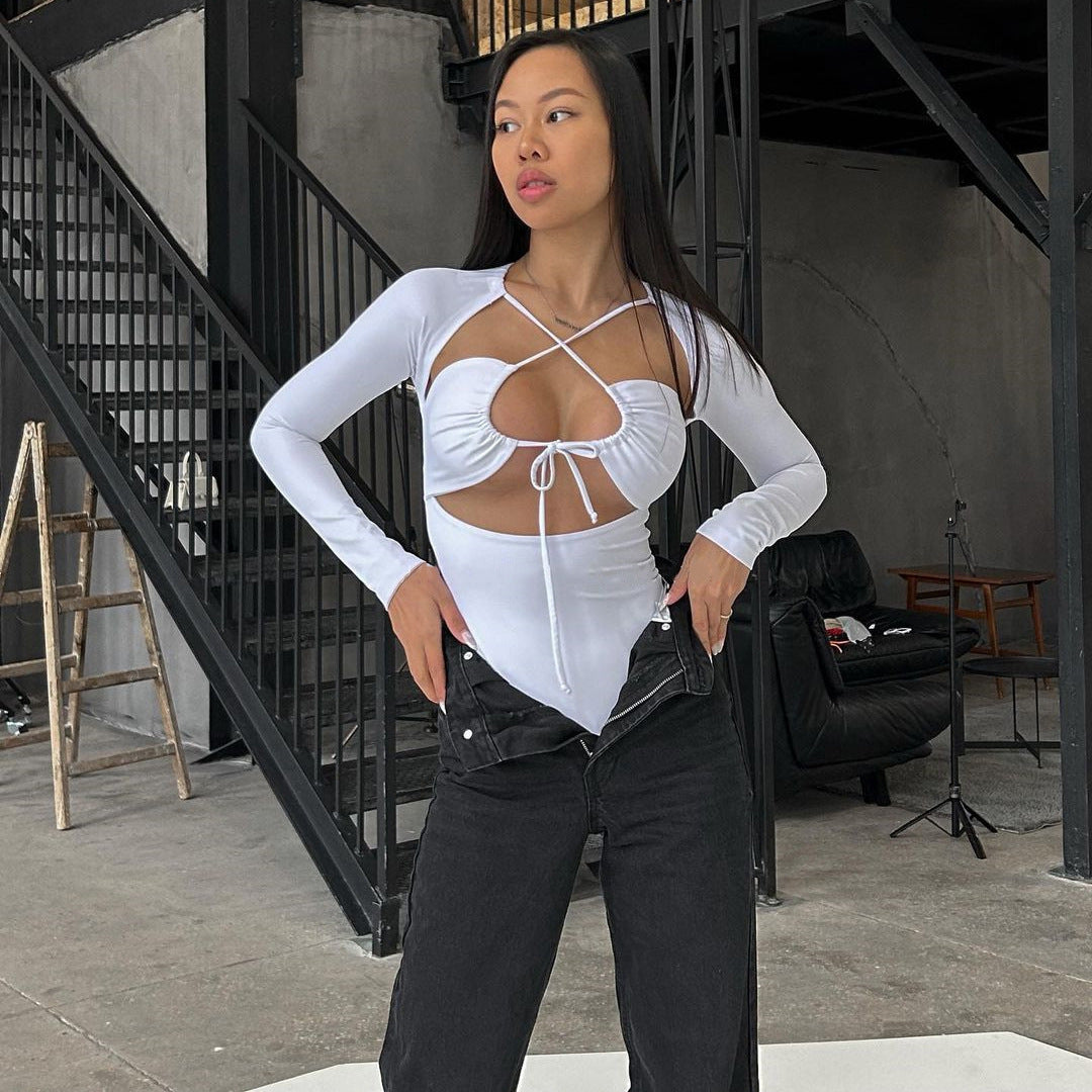 Hollow Out Strap Slim Fit Temperament Pure Color Long Sleeve Jumpsuit