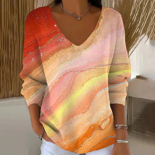 Dame V-hals langærmet pullover 3D digitaltryk