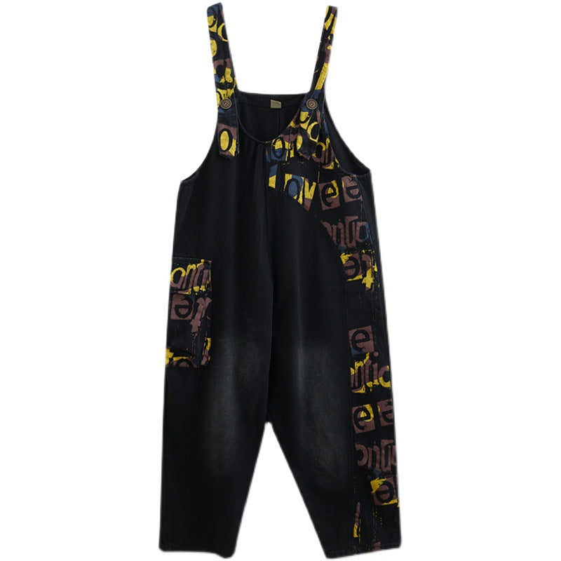 Women's Fashion Alphabet Print Large Size Denim Overalls