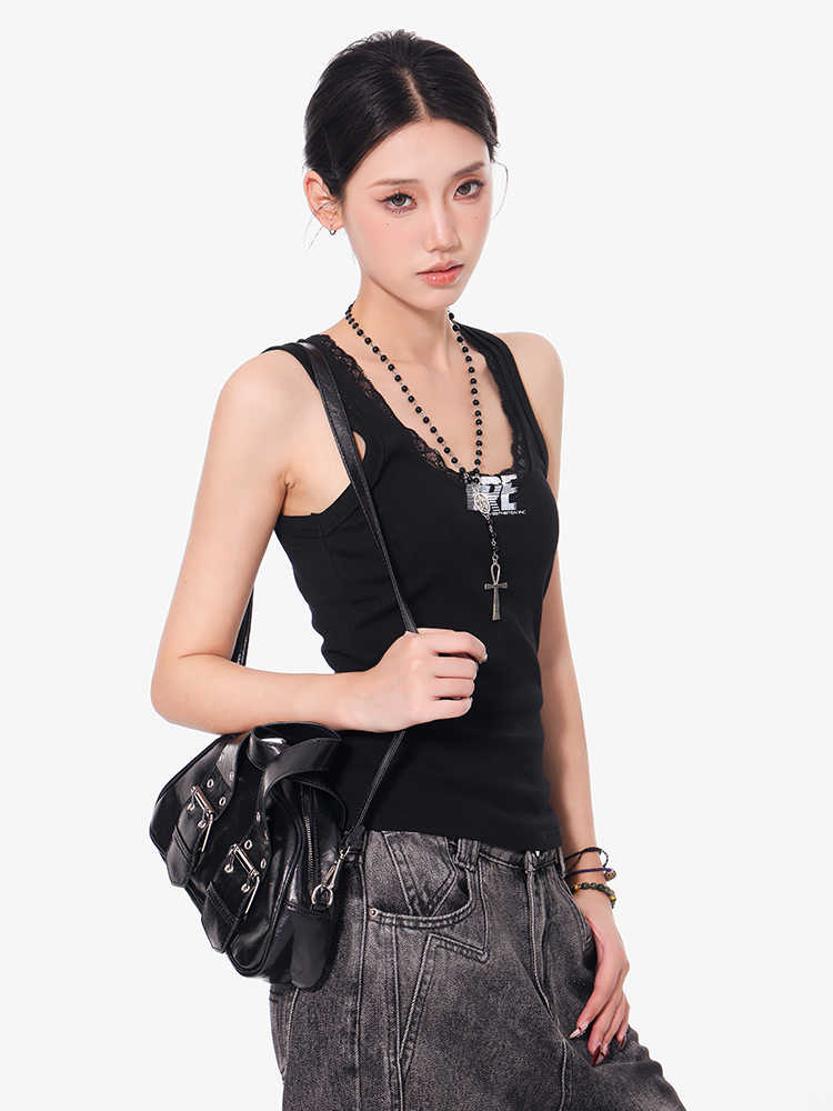 Black Lace I-shaped Camisole Women's Slim U Collar Top