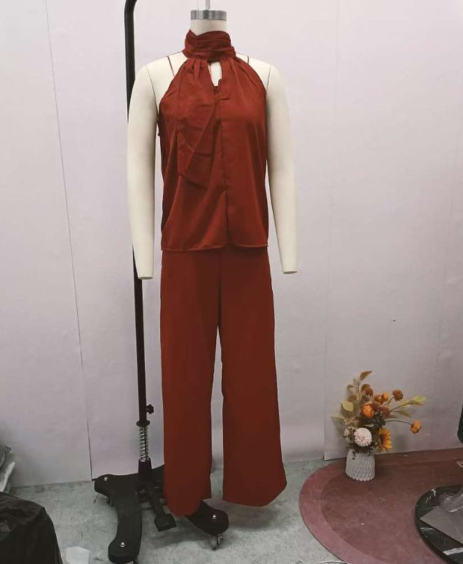 Cutout Crew-neck Sleeveless Top And Wide-leg Pants Chic Set