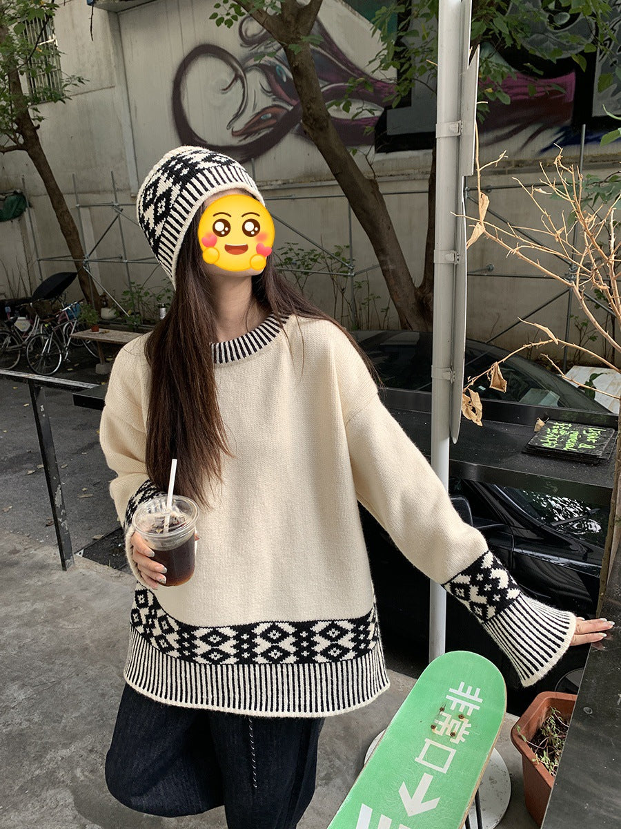 Women's Korean-style Loose Casual Round Neck Brocade Sweater
