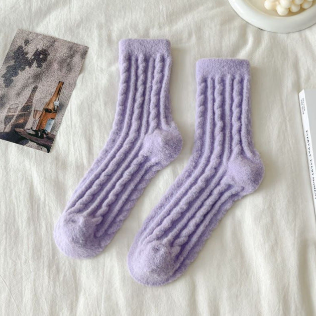 Thick Solid-color Mid-calf Cotton Socks For Women
