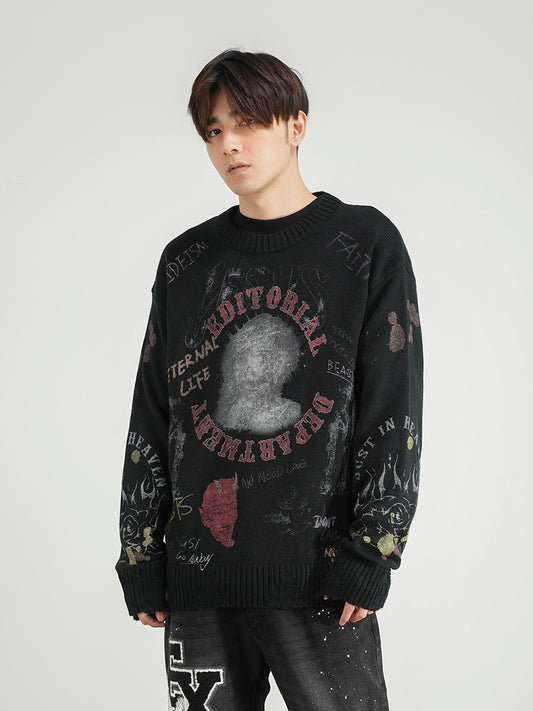 Printed Loose Pullover Men's And Women's National Trend Knit Sweater