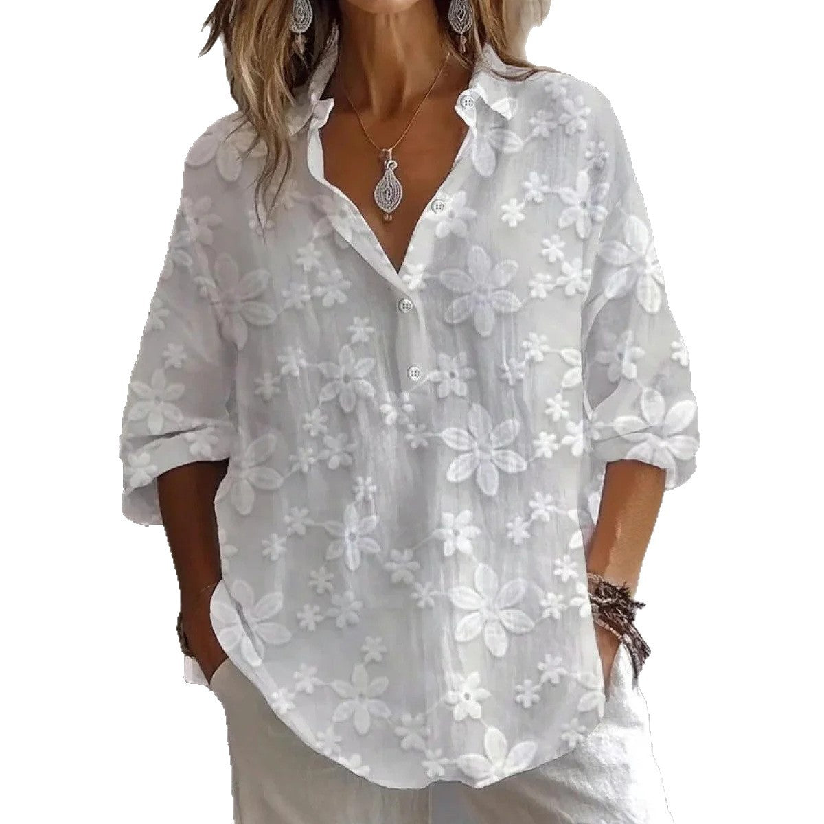 Spring And Autumn Cotton Jacquard Top 7-quarter Sleeve Top