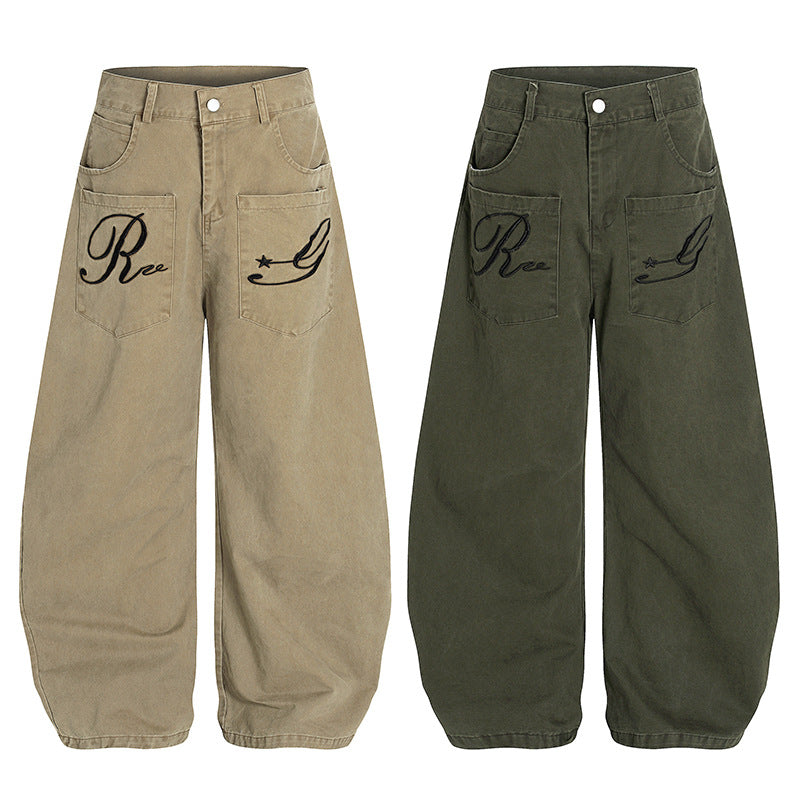 American Retro Embroidery Multi-pocket Cargo Pants