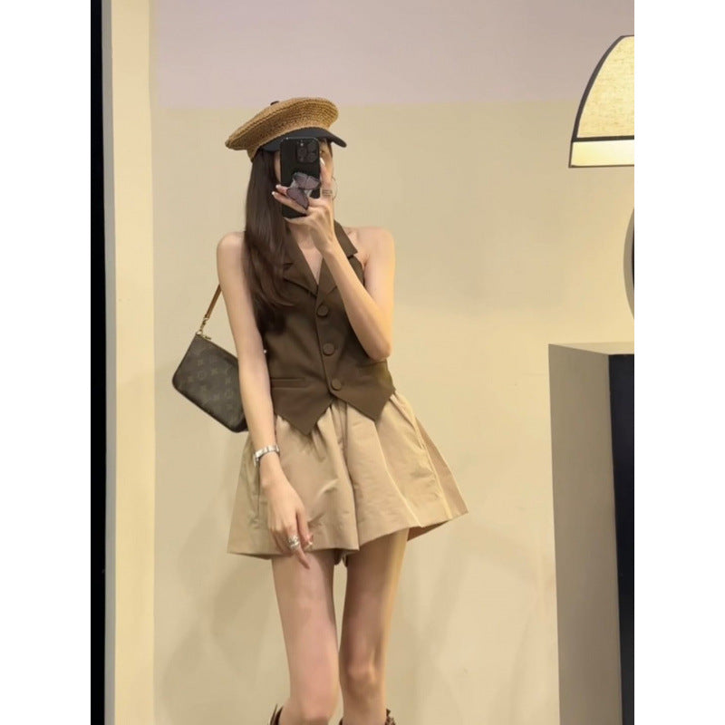 Two-piece Set Blazer-collar Vest Paired With Versatile Casual Wide-leg Shorts