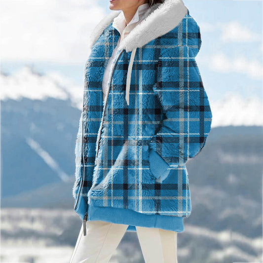Plush Printed And Dyed Zipper Hooded Coat For Women