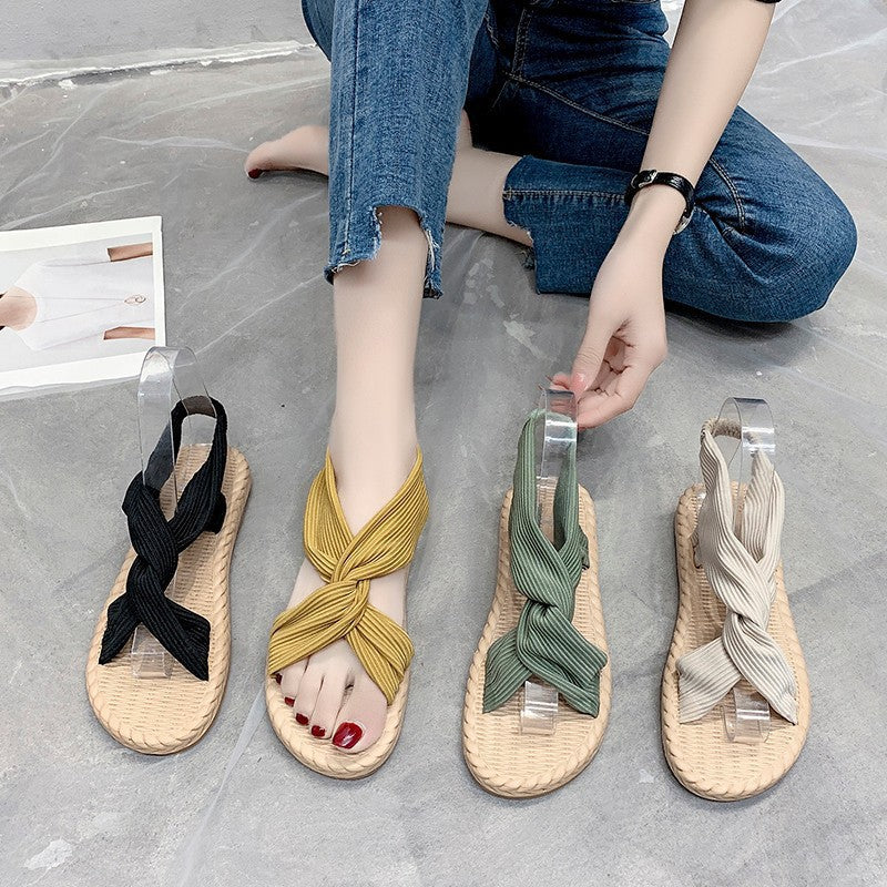 Summer New Style Simple Flat-bottomed Suede Cross One Word Elastic Roman Sandals