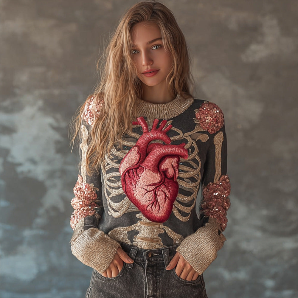 Womens 3D Digital-print Crew-neck Loose Sweater