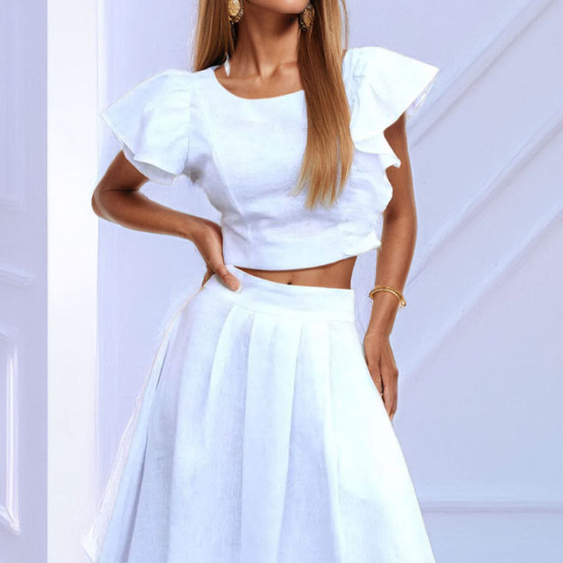 Lotus Leaf Sleeve Short Top Big Swing Long Skirt Two-piece Set Skirt