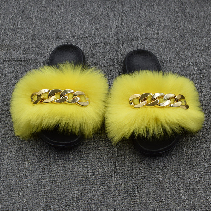 Fur Fur Slippers Chain Faux Fur Flip Flops